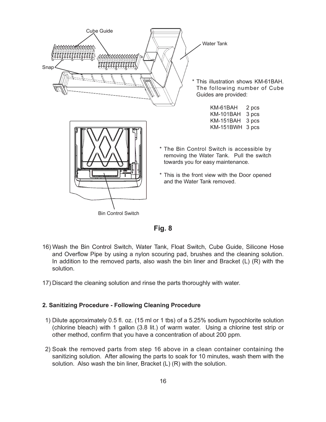 Hoshizaki KM-151BAH, KM-101BAH, KM-151BWH instruction manual Sanitizing Procedure Following Cleaning Procedure, KM-61BAH 