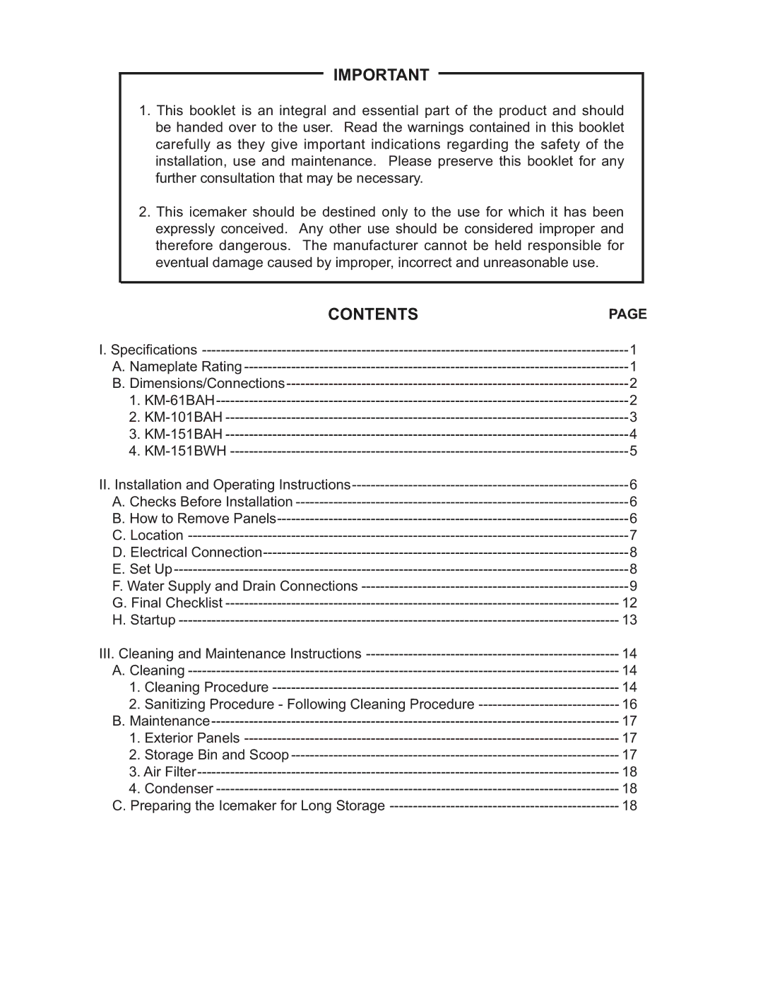 Hoshizaki KM-151BAH, KM-101BAH, KM-61BAH, KM-151BWH instruction manual Contents 