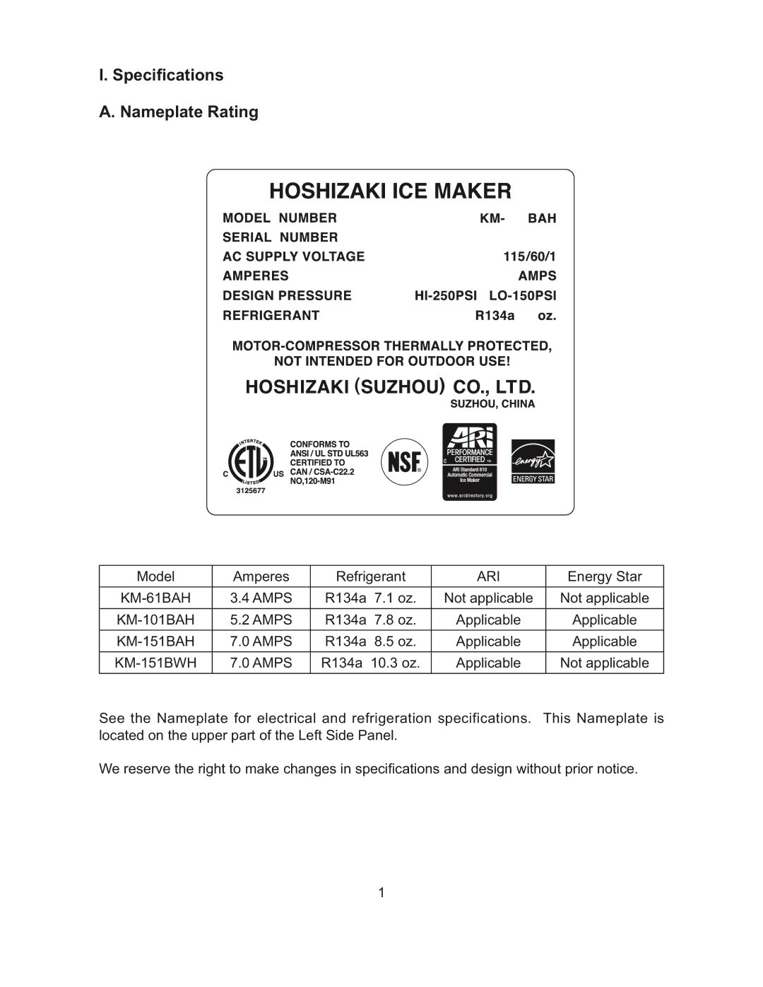 Hoshizaki KM-101BAH, KM-61BAH, KM-151BAH instruction manual Speciﬁcations Nameplate Rating, KM-151BWH 