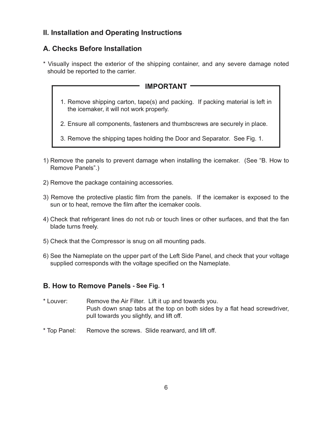 Hoshizaki KM-61BAH, KM-101BAH, KM-151BWH, KM-151BAH instruction manual How to Remove Panels See Fig 