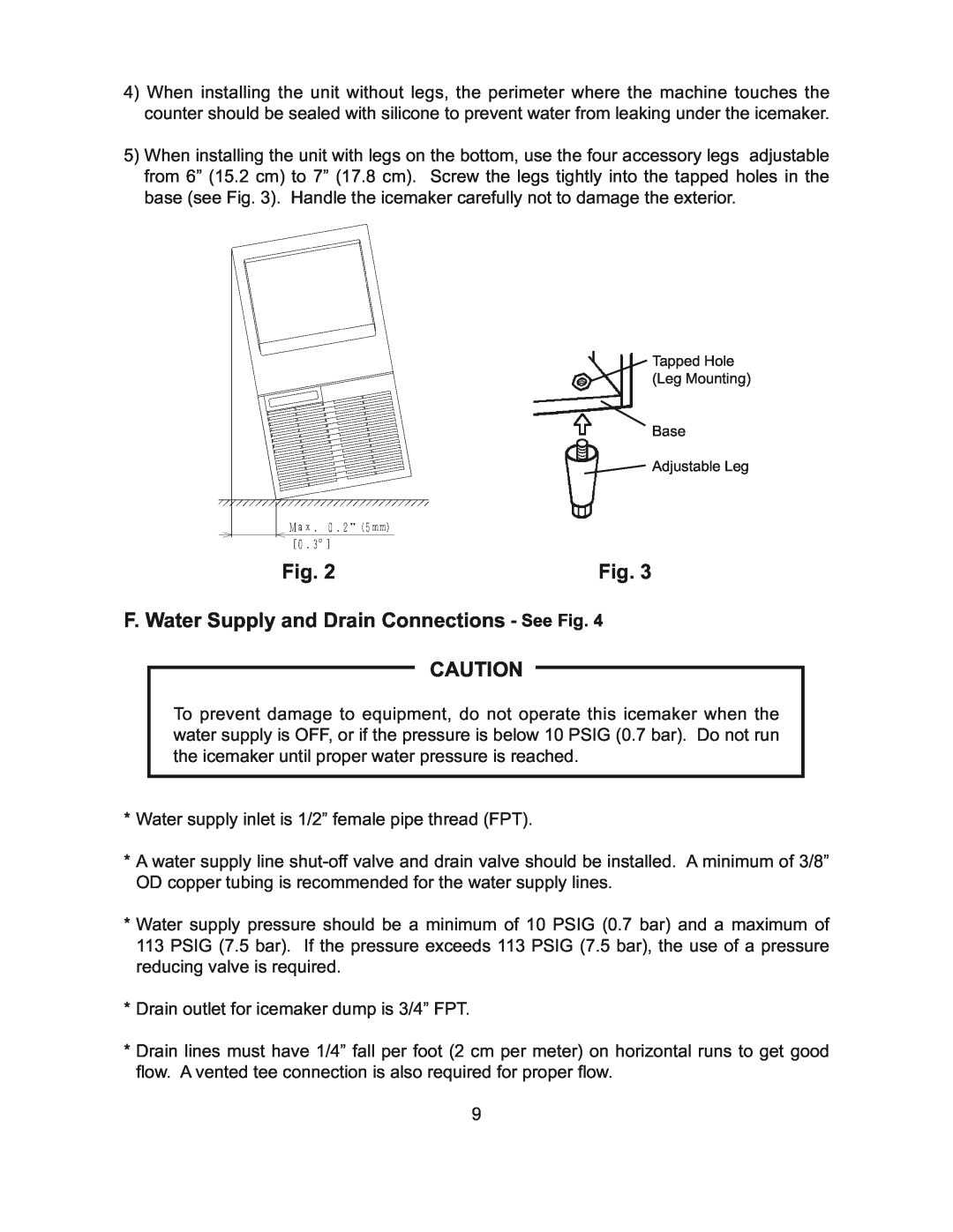 Hoshizaki KM-101BAH, KM-61BAH, KM-151BWH, KM-151BAH instruction manual F. Water Supply and Drain Connections - See Fig 