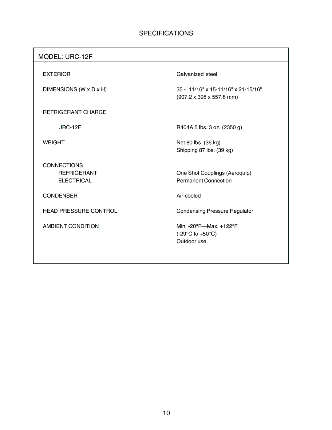 Hoshizaki KM-1300MAH, KM-1300MWH, KM-1300MRH service manual Specifications Model URC-12F 