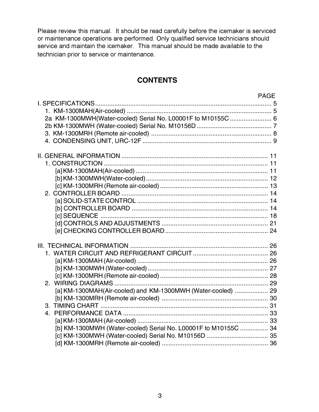 Hoshizaki KM-1300MWH, KM-1300MAH, KM-1300MRH service manual Contents 