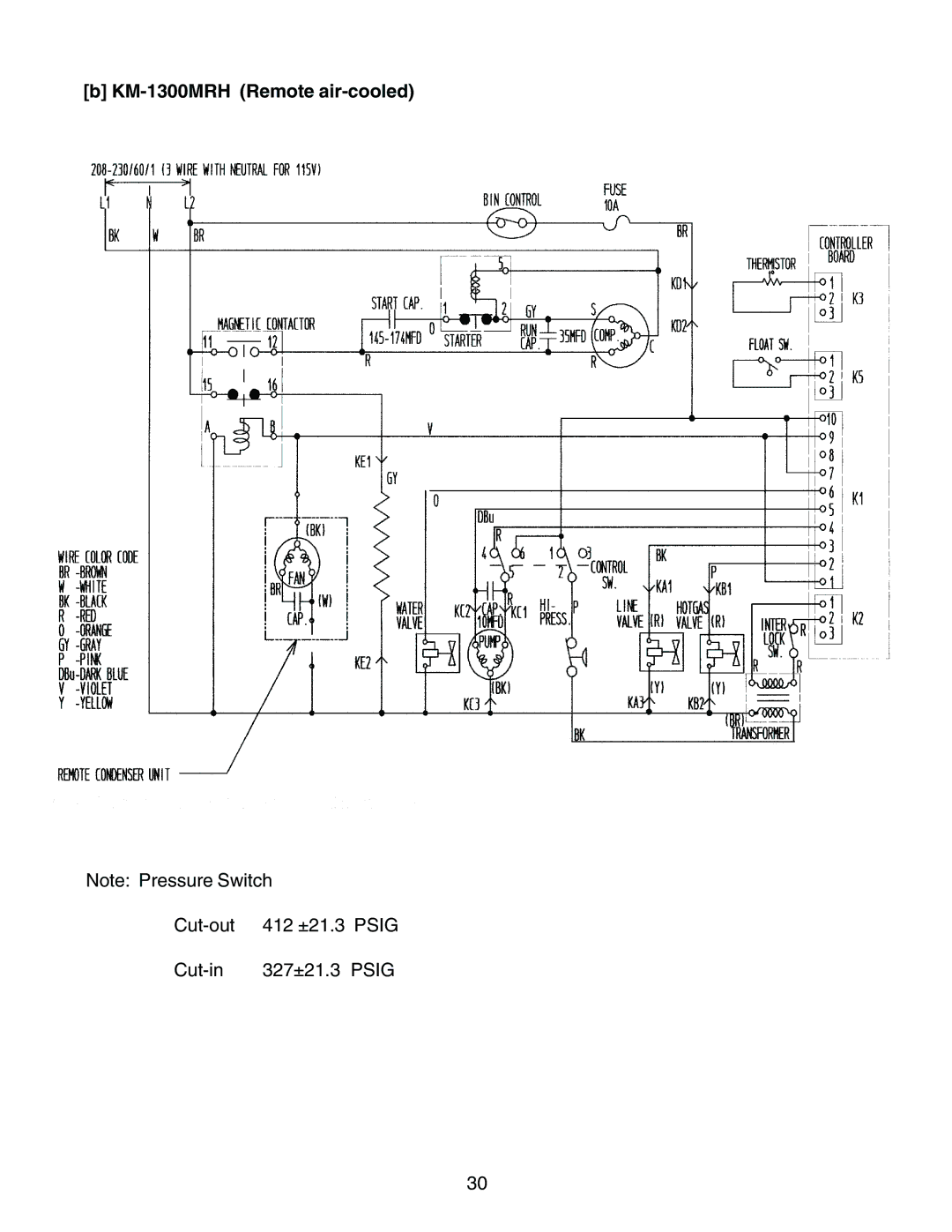 Hoshizaki KM-1300MWH, KM-1300MAH, KM-1300MRH service manual Cut-out 412 ±21.3 Psig Cut-in 327±21.3 Psig 