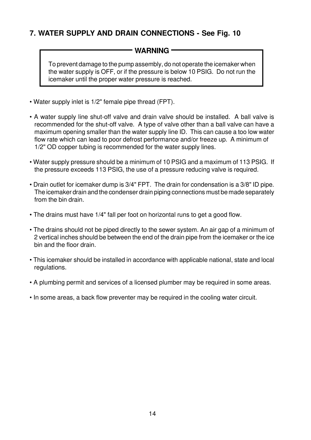 Hoshizaki KM-1300NRF instruction manual Water Supply and Drain Connections See Fig 