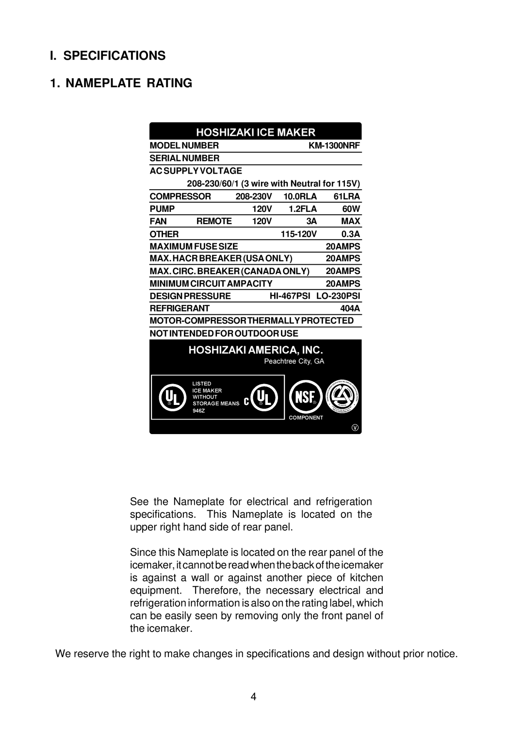 Hoshizaki KM-1300NRF instruction manual Specifications Nameplate Rating, Hoshizaki ICE Maker 