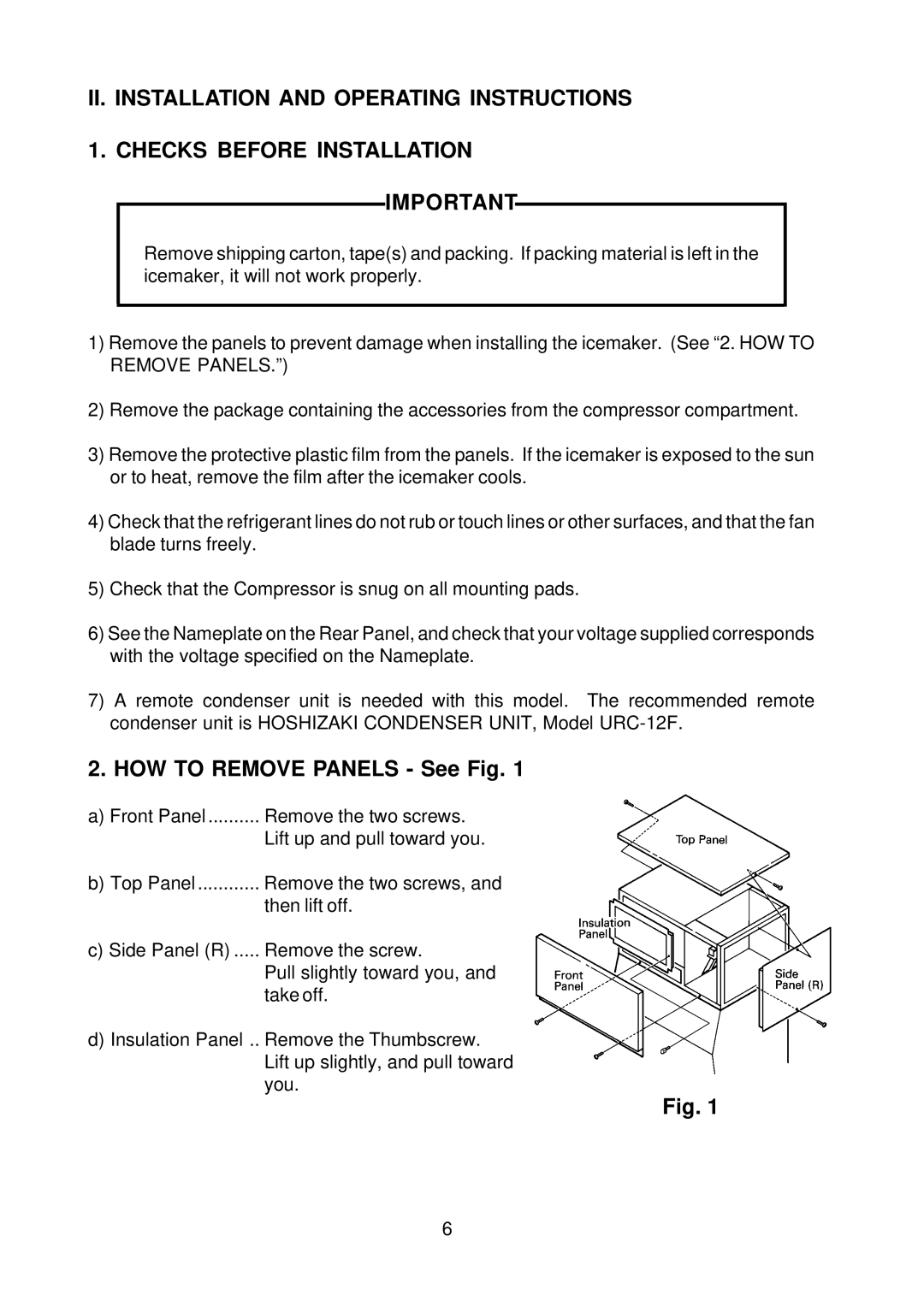 Hoshizaki KM-1300NRF instruction manual HOW to Remove Panels See Fig 