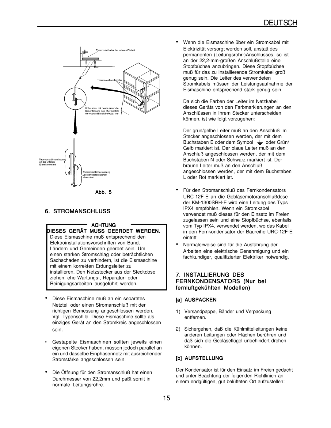 Hoshizaki KM-1300SRH-E, KM-1300SAH-E installation manual Stromanschluss, Auspacken, Aufstellung 