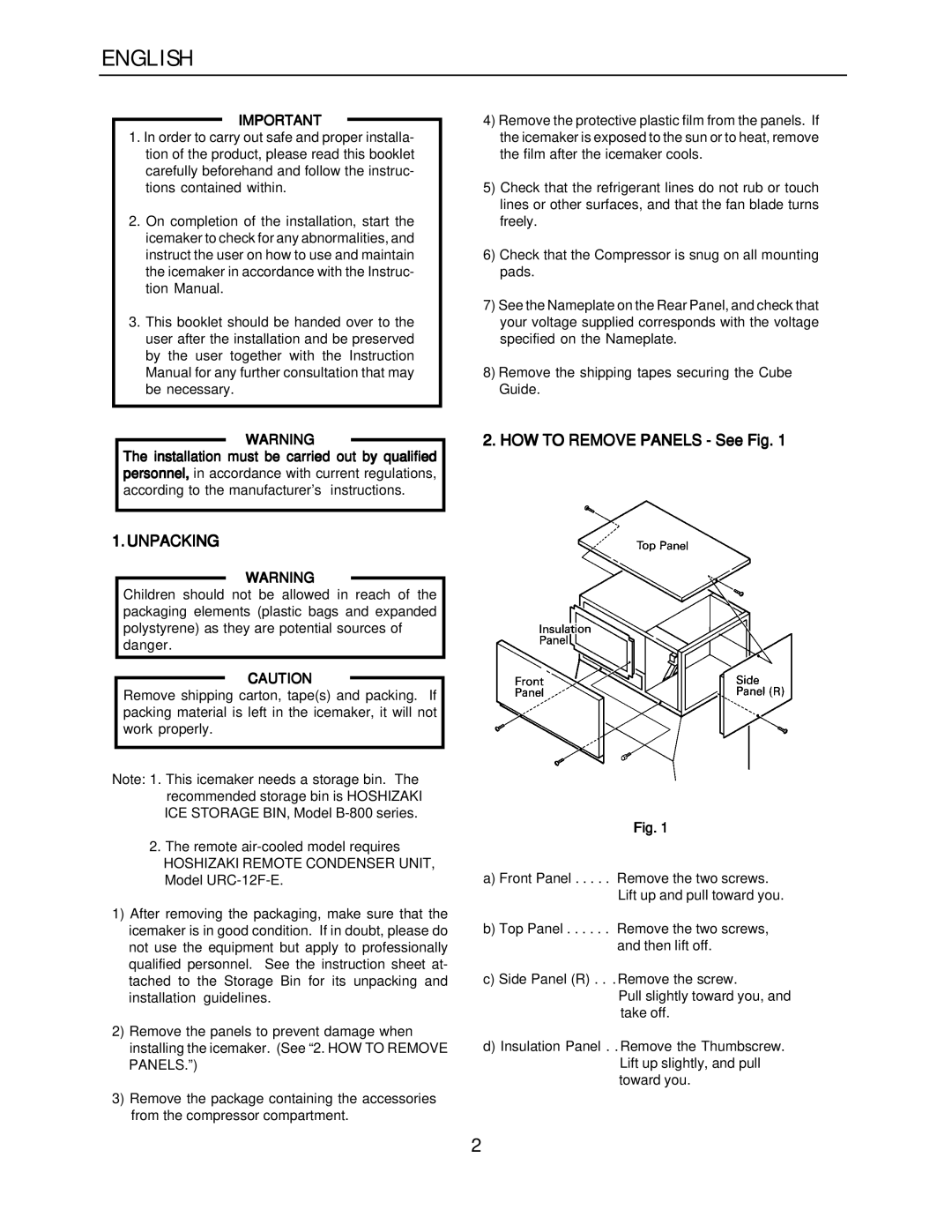 Hoshizaki KM-1300SAH-E, KM-1300SRH-E installation manual HOW to Remove Panels See Fig, Unpacking 