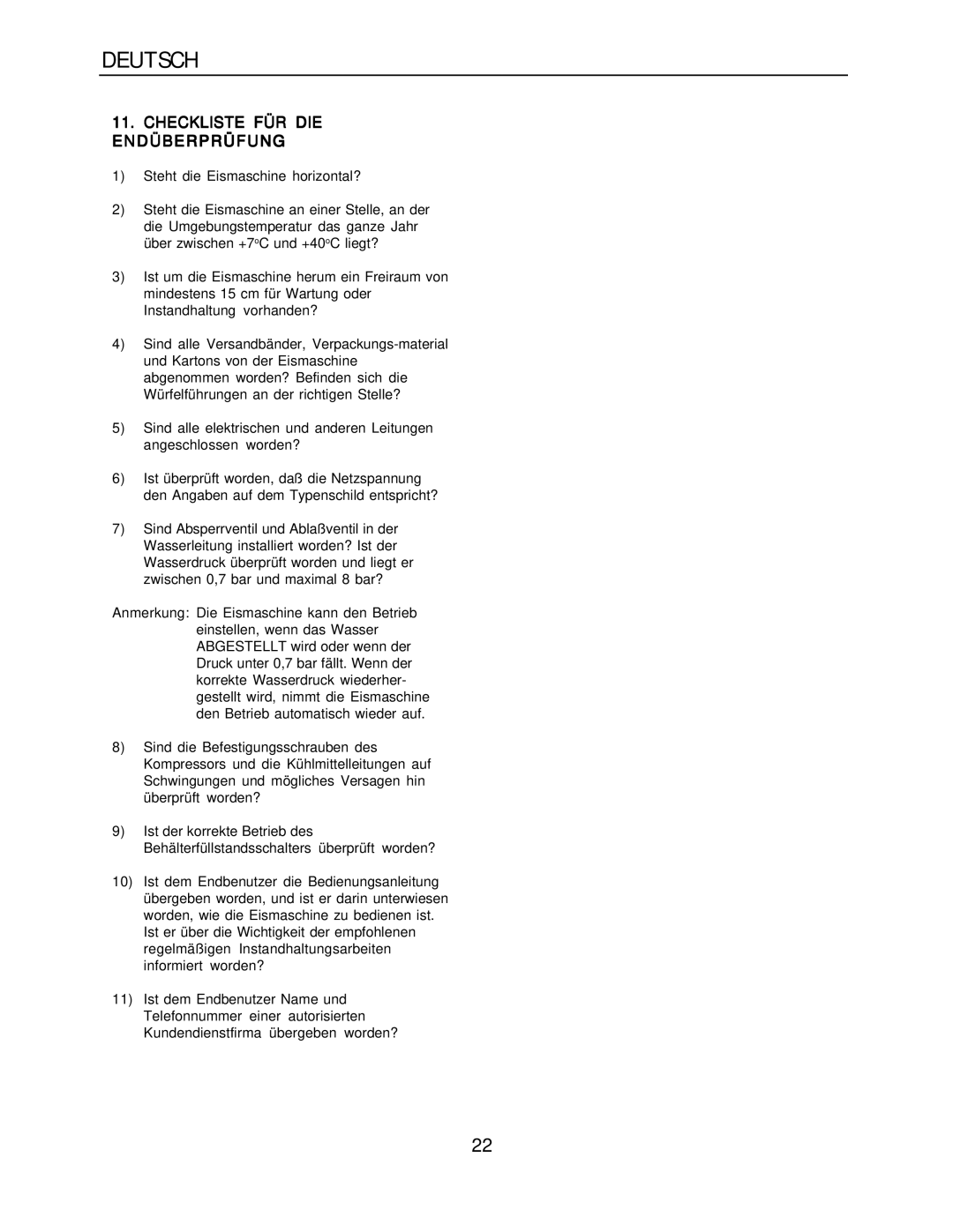 Hoshizaki KM-1300SAH-E, KM-1300SRH-E installation manual Checkliste FÜR DIE Endüberprüfung 