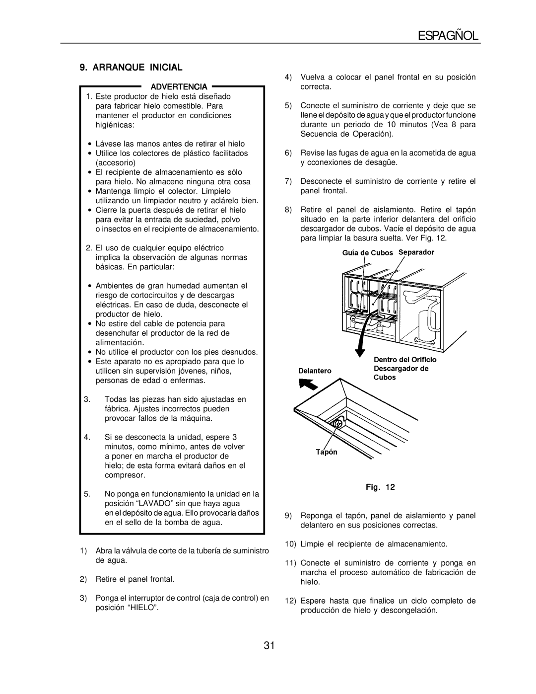 Hoshizaki KM-1300SRH-E, KM-1300SAH-E installation manual Arranque Inicial 