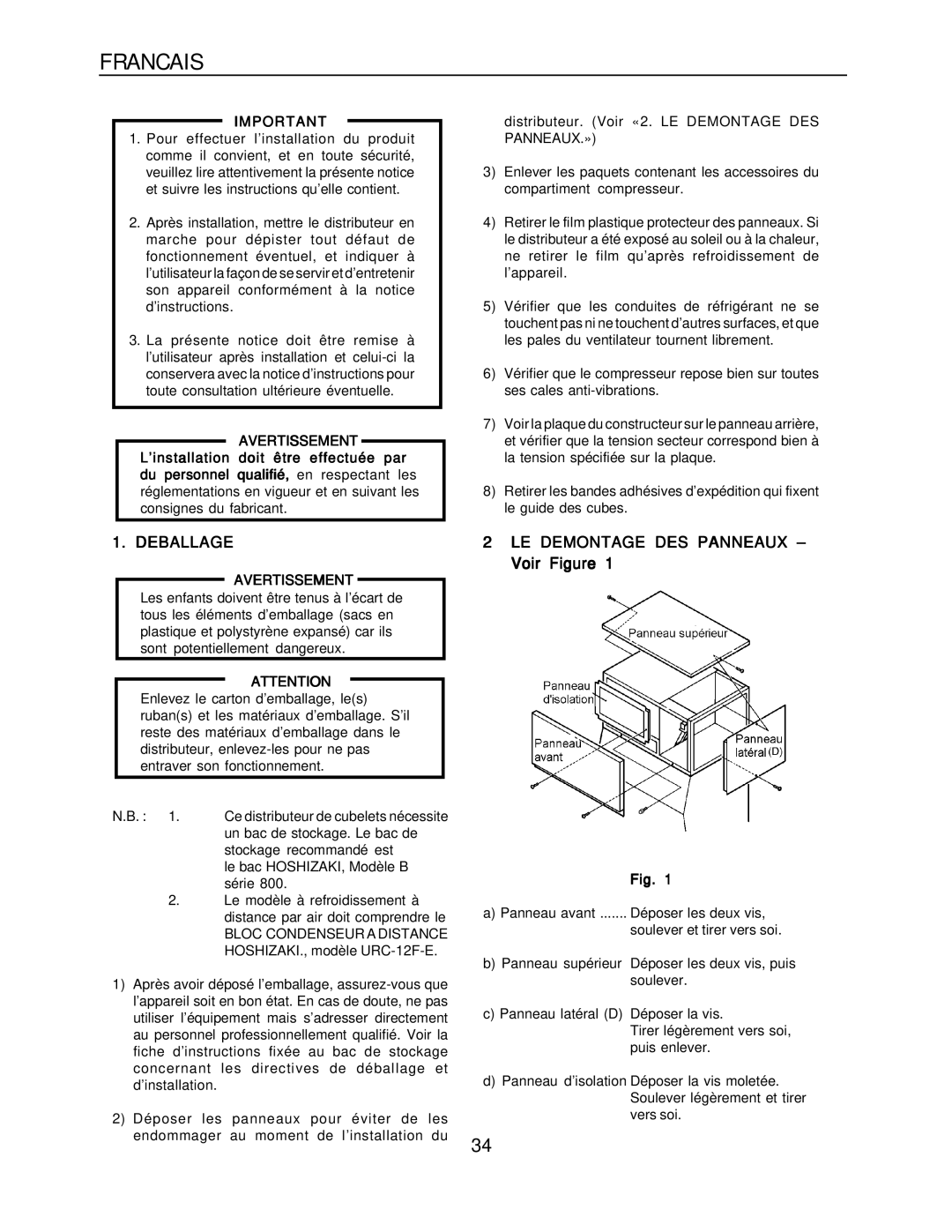 Hoshizaki KM-1300SAH-E, KM-1300SRH-E installation manual Deballage, LE Demontage DES Panneaux Voir Figure, Avertissement 