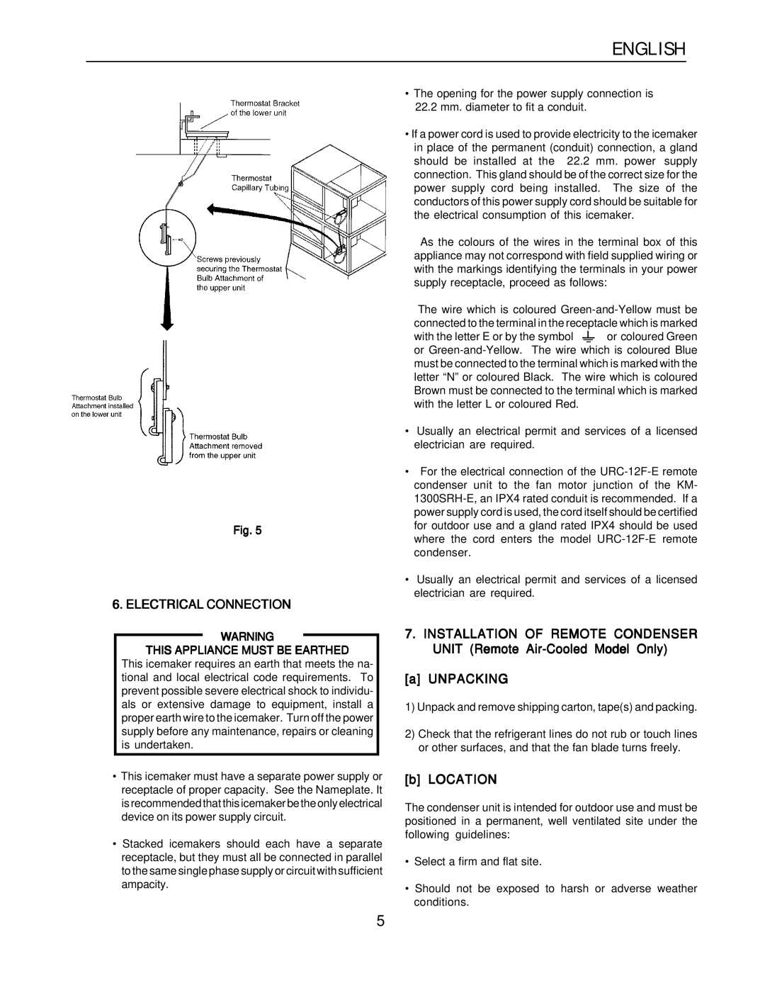 Hoshizaki KM-1300SRH-E, KM-1300SAH-E Electrical Connection, Unpacking, Location, This Appliance Must be Earthed 