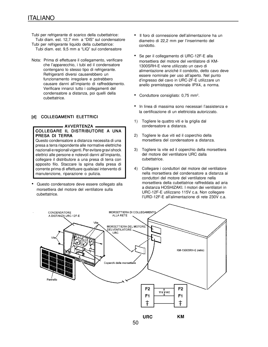 Hoshizaki KM-1300SAH-E, KM-1300SRH-E installation manual Collegamenti Elettrici 