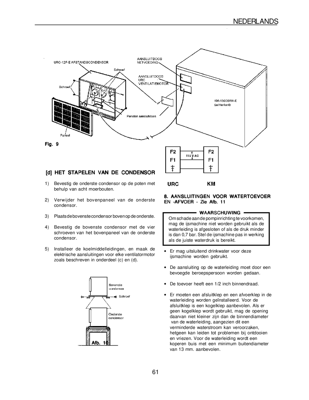 Hoshizaki KM-1300SRH-E, KM-1300SAH-E HET Stapelen VAN DE Condensor, Afb Aansluitingen Voor Watertoevoer EN -AFVOER Zie Afb 