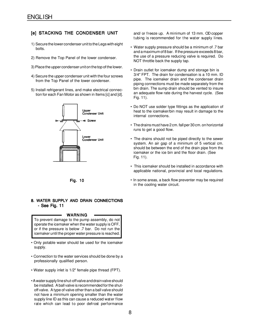 Hoshizaki KM-1300SAH-E, KM-1300SRH-E Stacking the Condenser Unit, See Fig, Water Supply and Drain Connections 