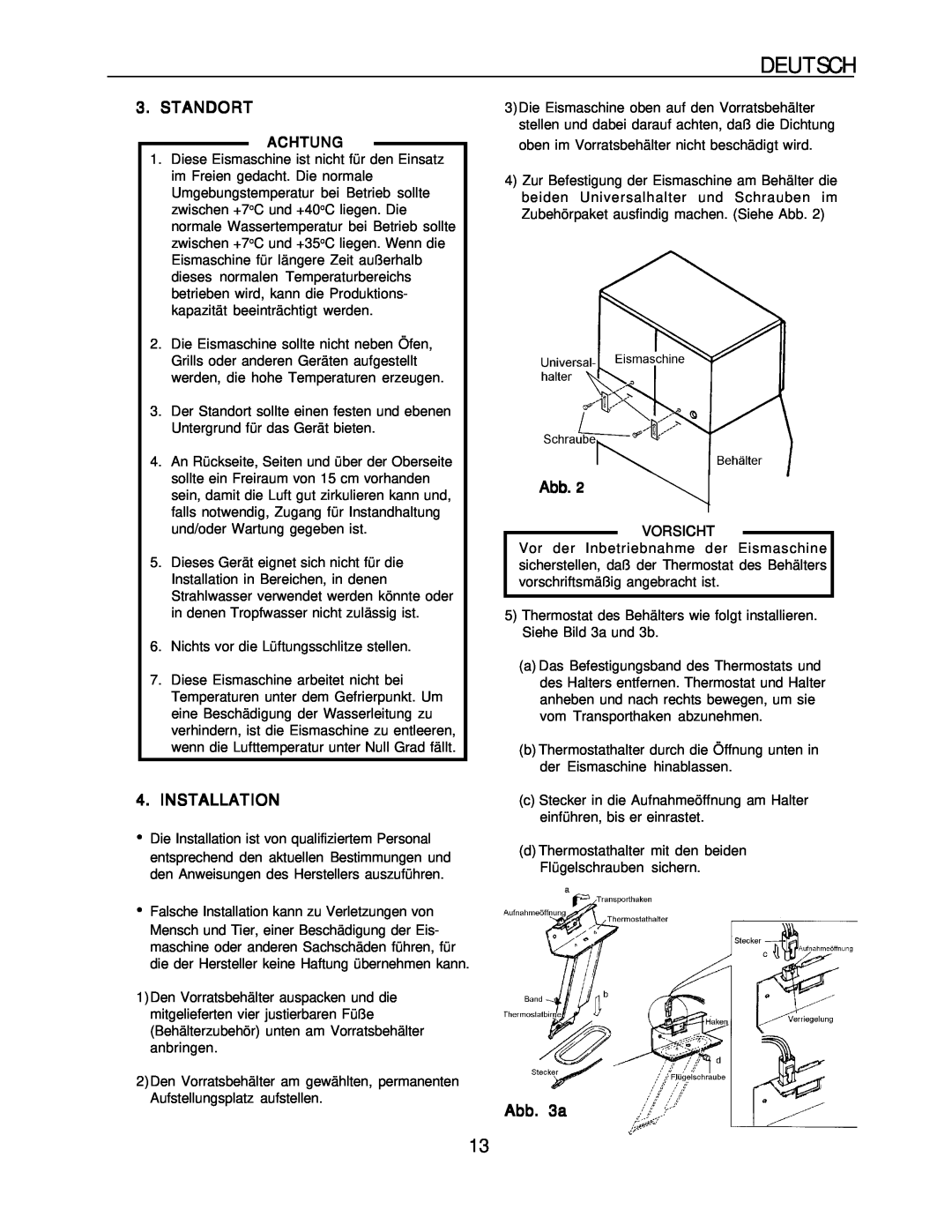 Hoshizaki KM-1300SRH-E, KM-1300SAH-E installation manual Deutsch, Standort, Installation, Abb. 3a, Achtung, Vorsicht 
