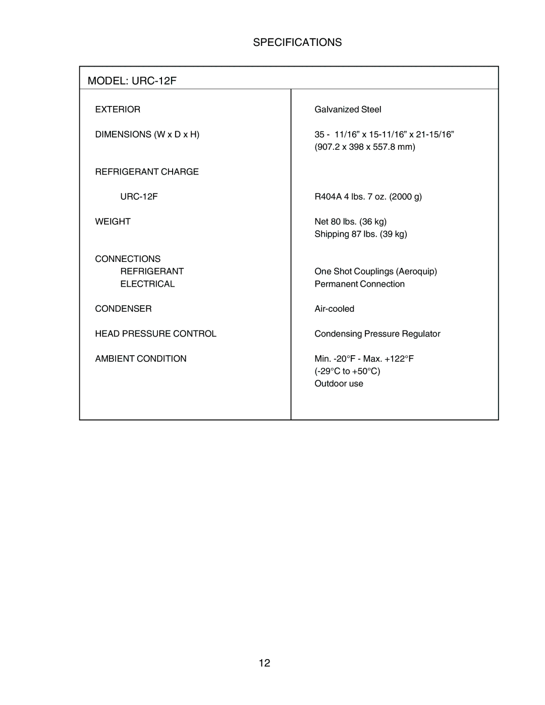 Hoshizaki KM-1300SAH3, KM-1300SWH3, KM-1300SRH3 service manual Specifications Model URC-12F 