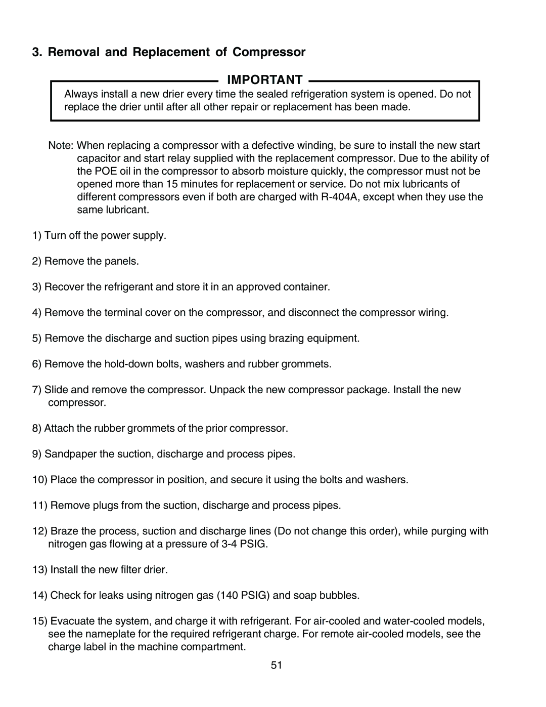 Hoshizaki KM-1300SAH3, KM-1300SWH3, KM-1300SRH3 service manual Removal and Replacement of Compressor 