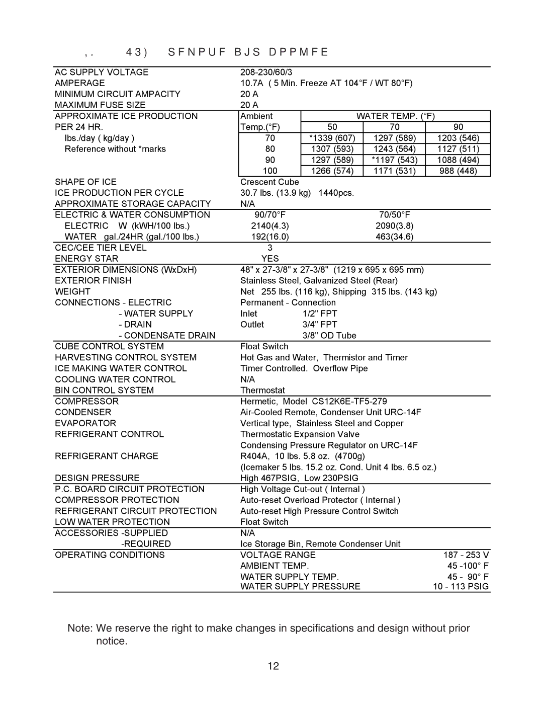 Hoshizaki KM-1301SAH/3, KM-1301SRH/3, KM-1301SWH/3 service manual KM-1301SRH3 remote air-cooled 