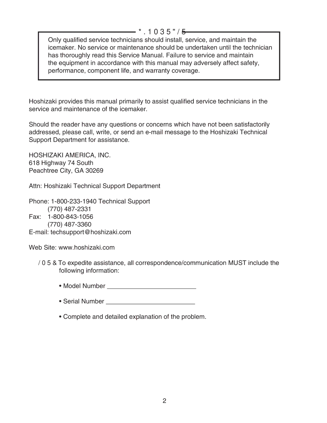 Hoshizaki KM-1301SWH/3, KM-1301SAH/3, KM-1301SRH/3 service manual Hoshizaki AMERICA, INC 