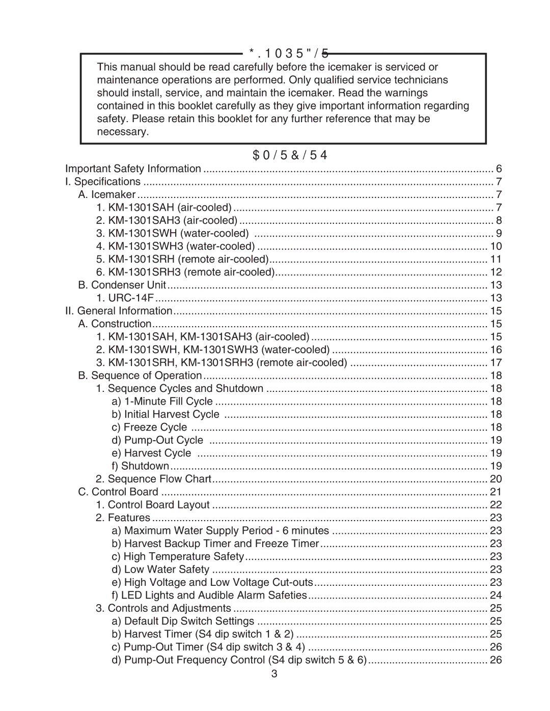 Hoshizaki KM-1301SAH/3, KM-1301SRH/3, KM-1301SWH/3 service manual Contents 