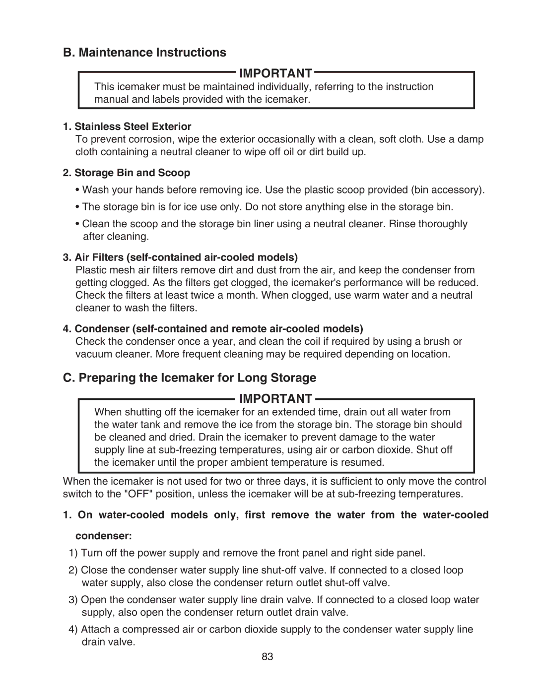 Hoshizaki KM-1301SWH/3, KM-1301SAH/3, KM-1301SRH/3 Maintenance Instructions, Preparing the Icemaker for Long Storage 