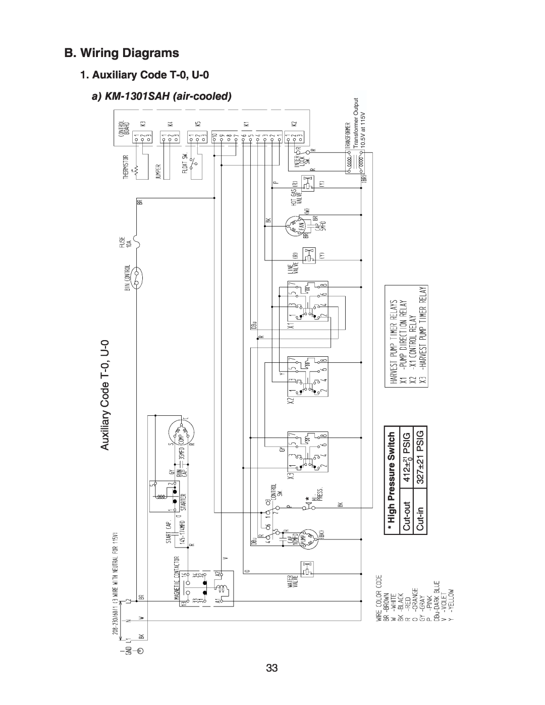 Hoshizaki KM-1301SAH/3 B. Wiring Diagrams, Auxiliary Code T-0, U-0, a KM-1301SAH air-cooled, Transformer Output 10.5V at 