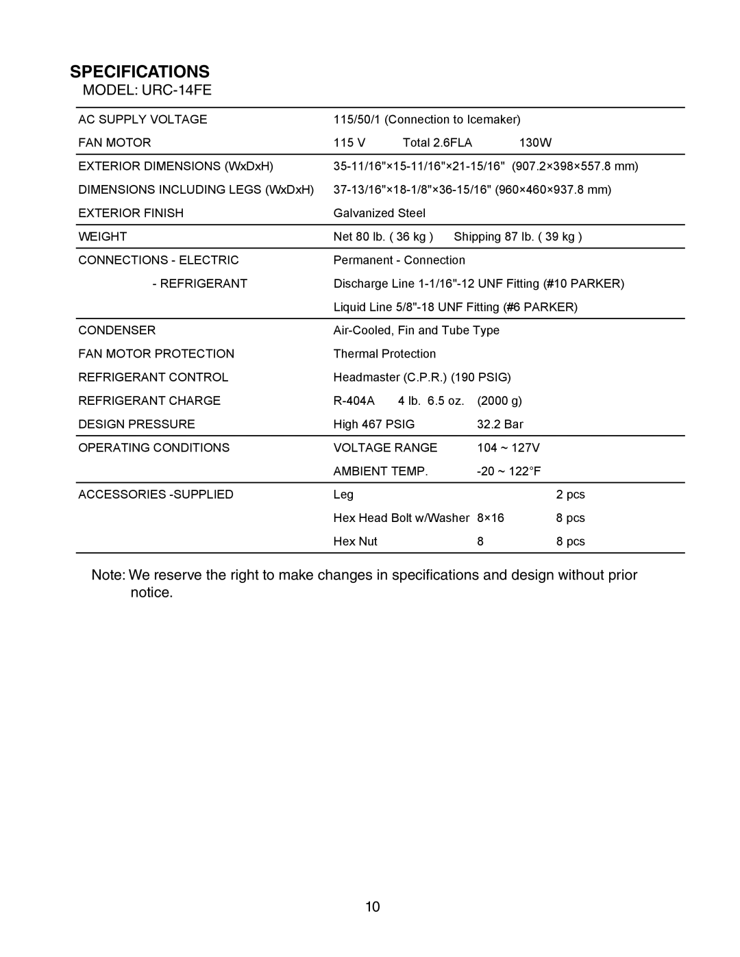 Hoshizaki KM-1301SAH-E, KM-1301SRH-E, KM-1301SWH-E service manual Specifications 