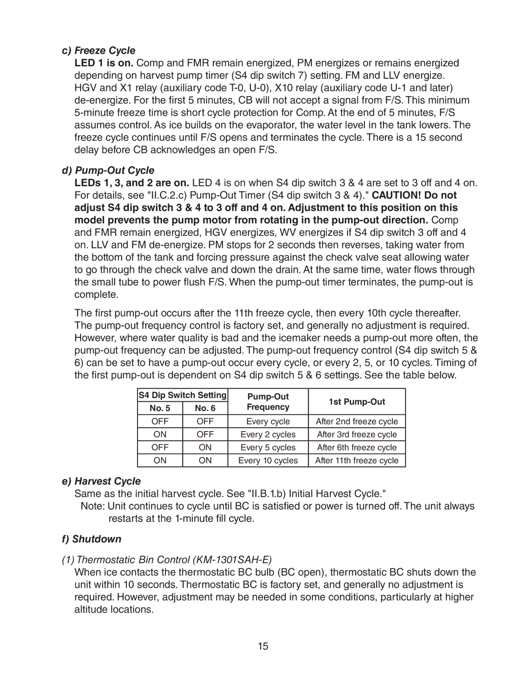 Hoshizaki KM-1301SRH-E, KM-1301SAH-E, KM-1301SWH-E service manual Freeze Cycle, Pump-Out Cycle, Harvest Cycle, Shutdown 