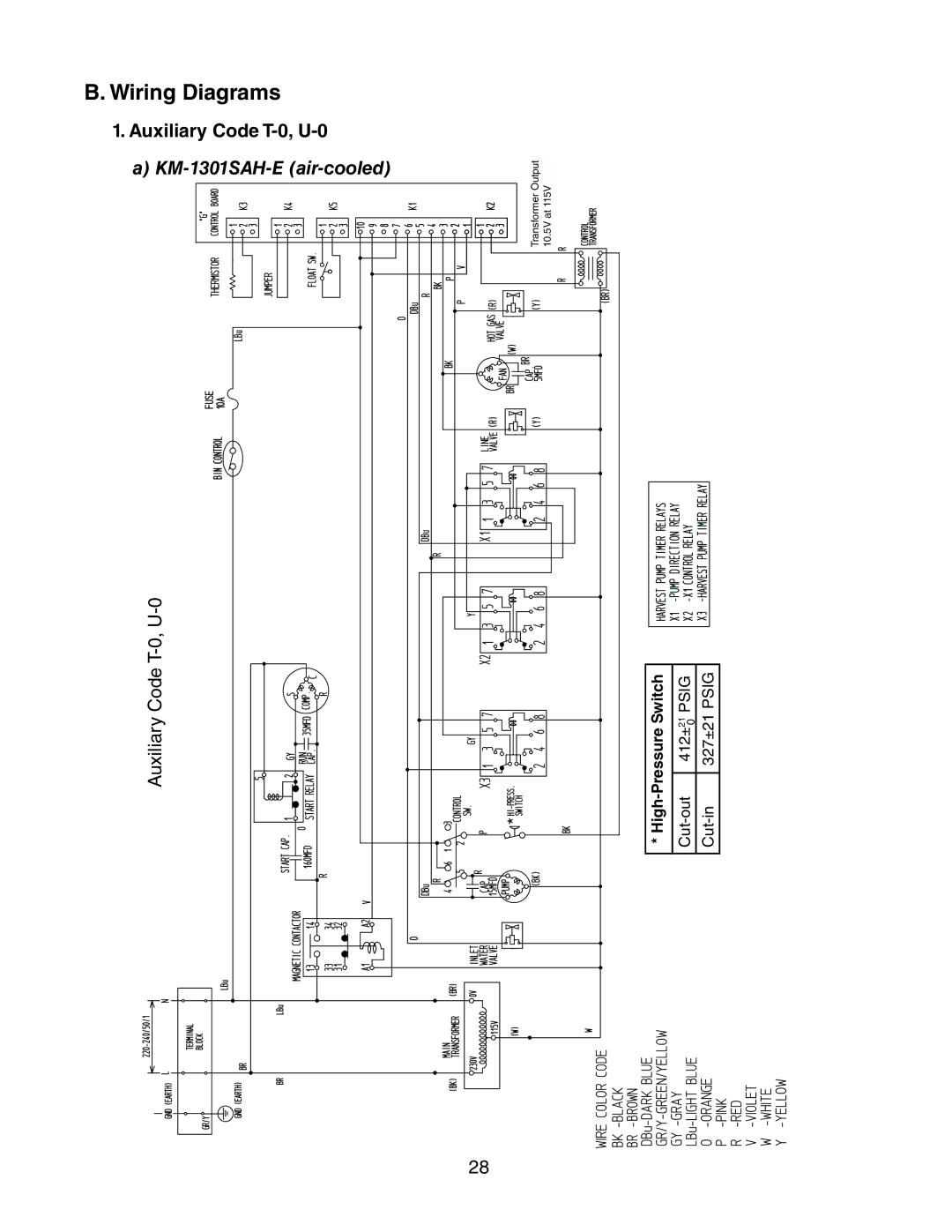 Hoshizaki KM-1301SRH-E Wiring Diagrams, Auxiliary Code T-0, U-0, KM-1301SAH-E air-cooled, U-0 Auxiliary Code 