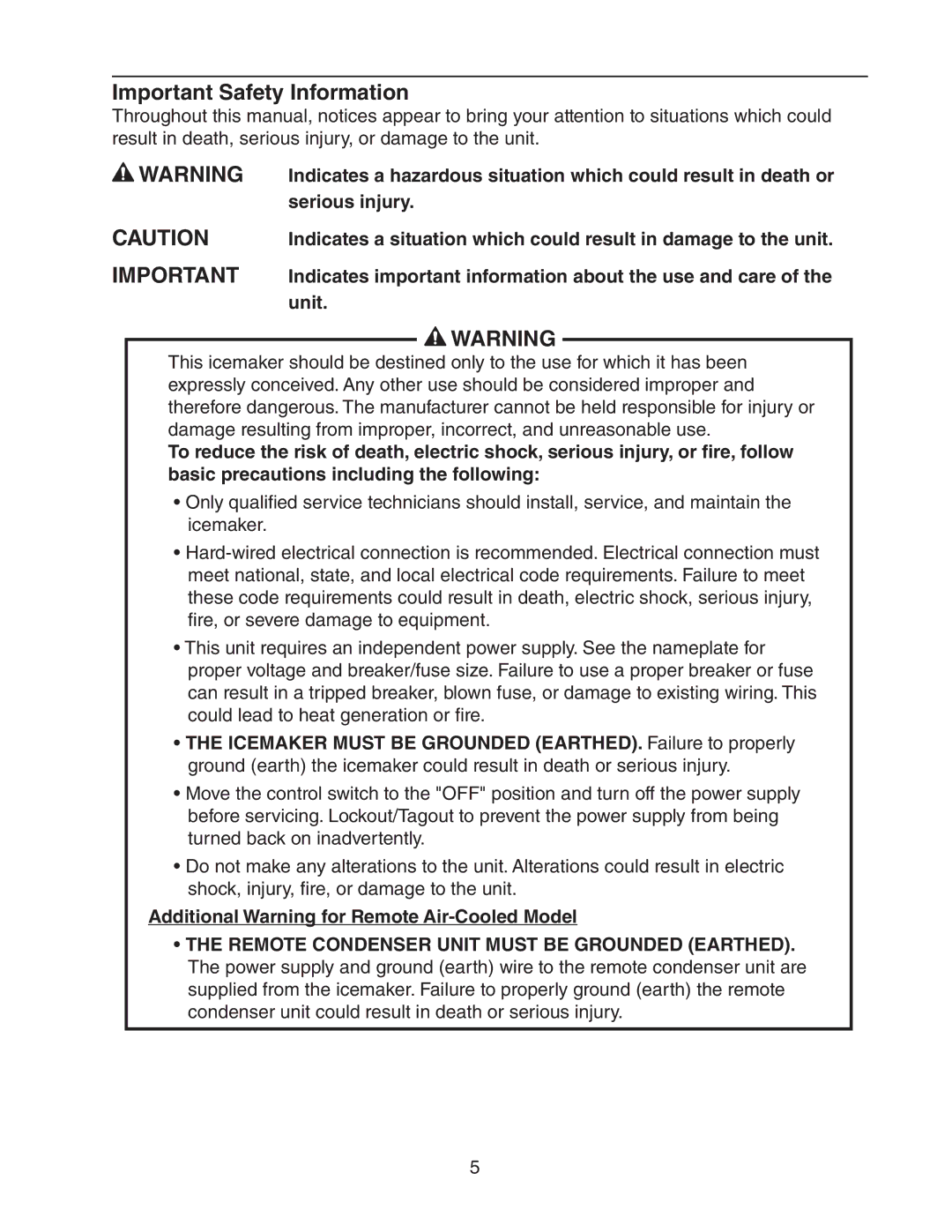 Hoshizaki KM-1301SWH-E Important Safety Information, Serious injury, Unit, Additional Warning for Remote Air-Cooled Model 