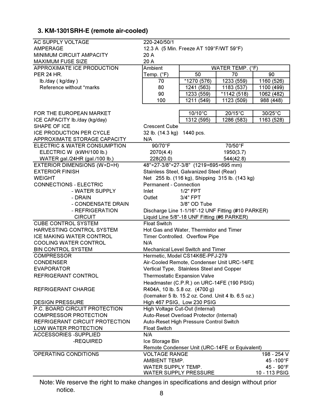 Hoshizaki KM-1301SWH-E, KM-1301SAH-E service manual KM-1301SRH-E remote air-cooled 