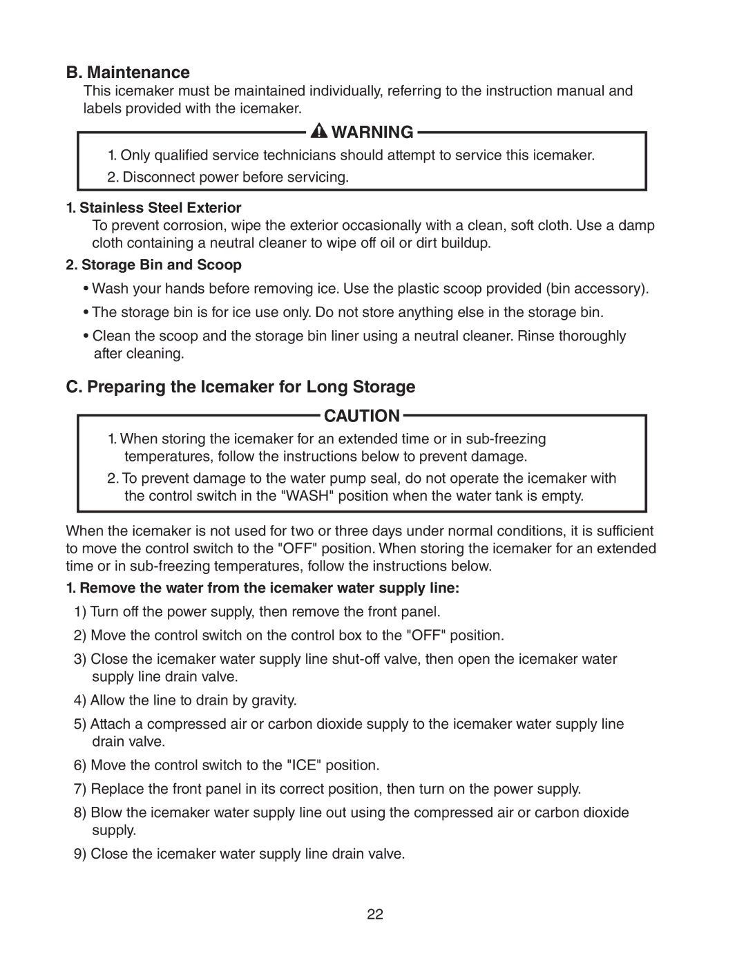Hoshizaki KM-1400SWH/3-M instruction manual Maintenance, Preparing the Icemaker for Long Storage, Stainless Steel Exterior 