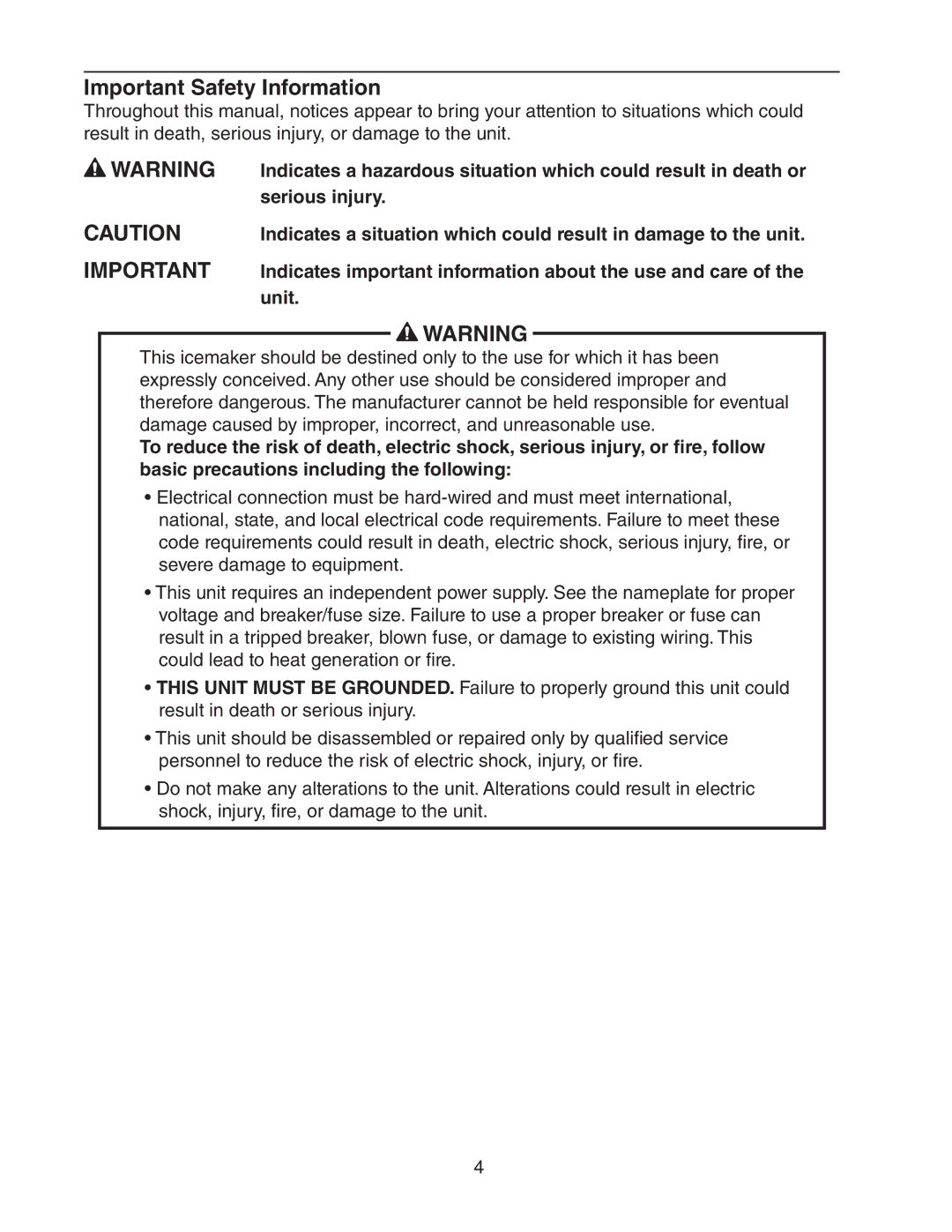 Hoshizaki KM-1400SWH/3-M instruction manual Important Safety Information, Serious injury, Unit 