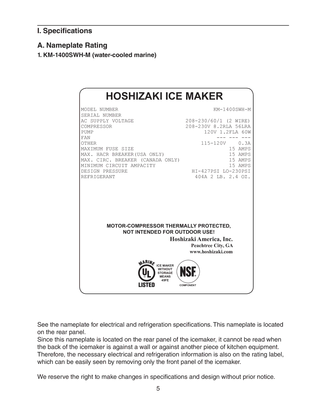 Hoshizaki KM-1400SWH/3-M instruction manual Specifications Nameplate Rating, KM-1400SWH-M water-cooled marine 