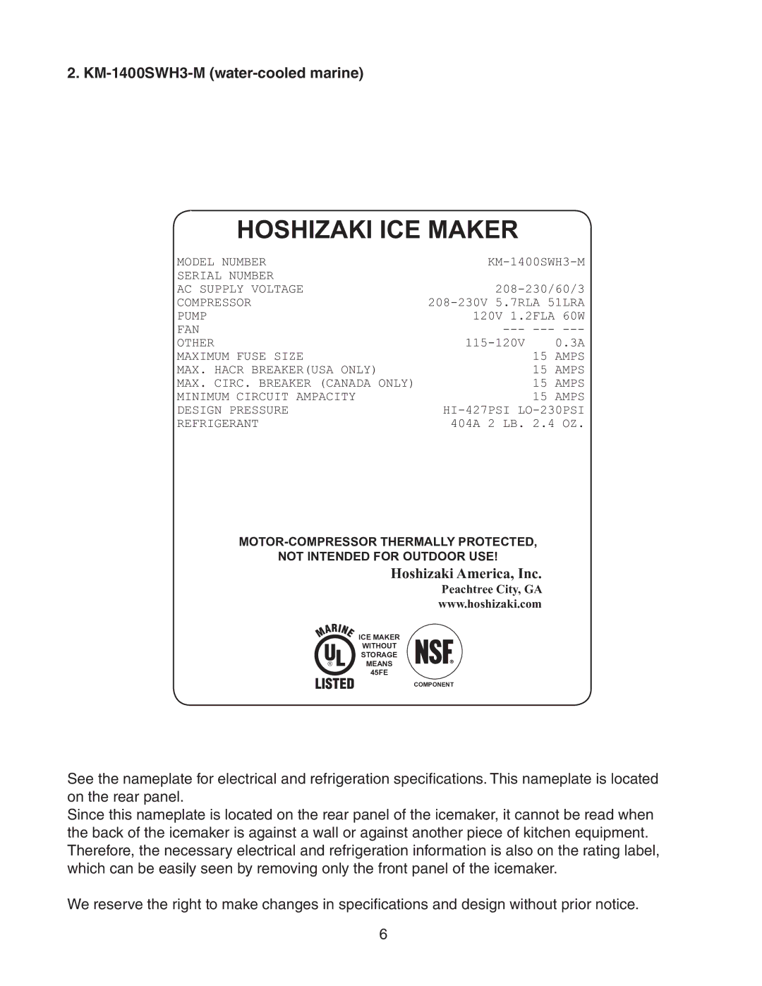 Hoshizaki KM-1400SWH/3-M instruction manual KM-1400SWH3-M water-cooled marine 