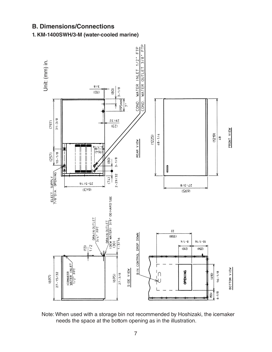 Hoshizaki instruction manual Dimensions/Connections, KM-1400SWH/3-M water-cooled marine 