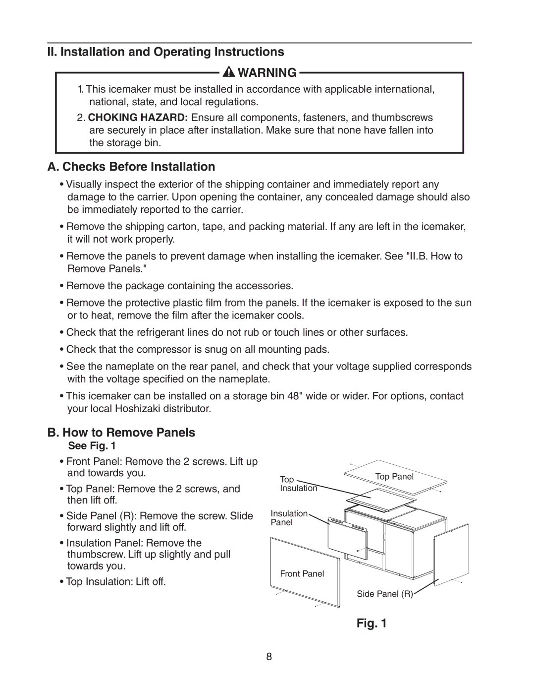 Hoshizaki KM-1400SWH/3-M II. Installation and Operating Instructions, Checks Before Installation, How to Remove Panels 