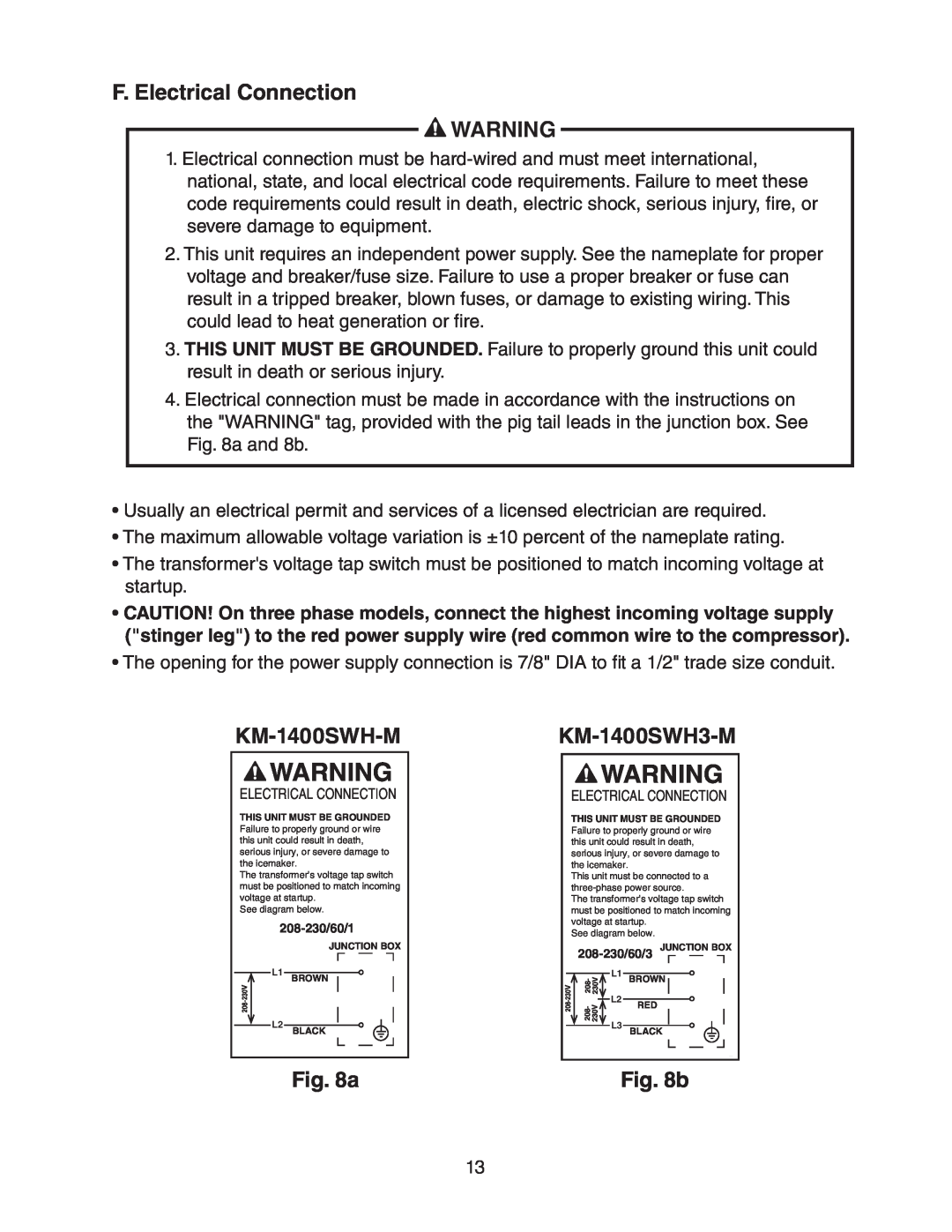 Hoshizaki KM-1400SWH/3-M instruction manual F. Electrical Connection, KM-1400SWH-M, KM-1400SWH3-M, b 