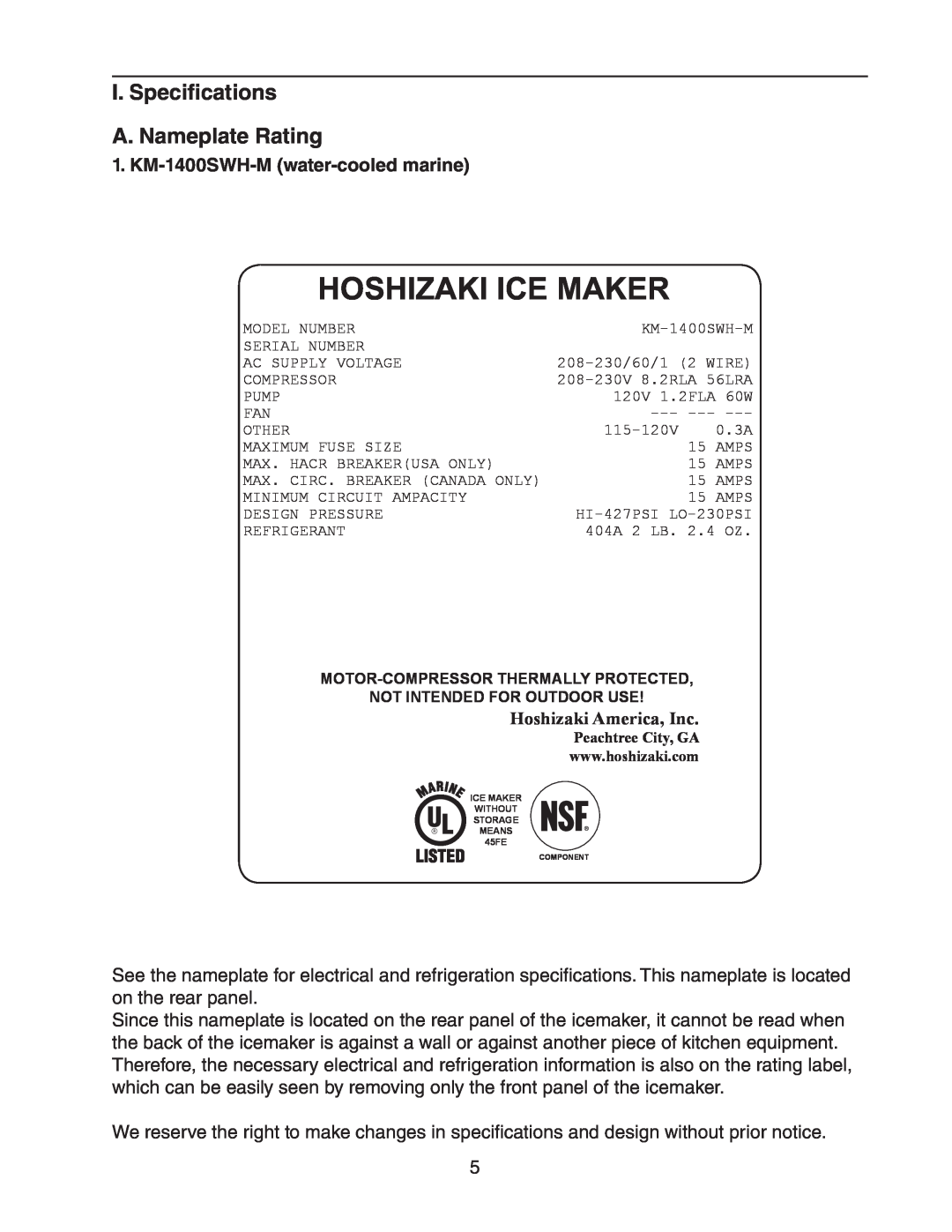 Hoshizaki KM-1400SWH/3-M Hoshizaki Ice Maker, I. Specifications A. Nameplate Rating, KM-1400SWH-M water-cooledmarine 