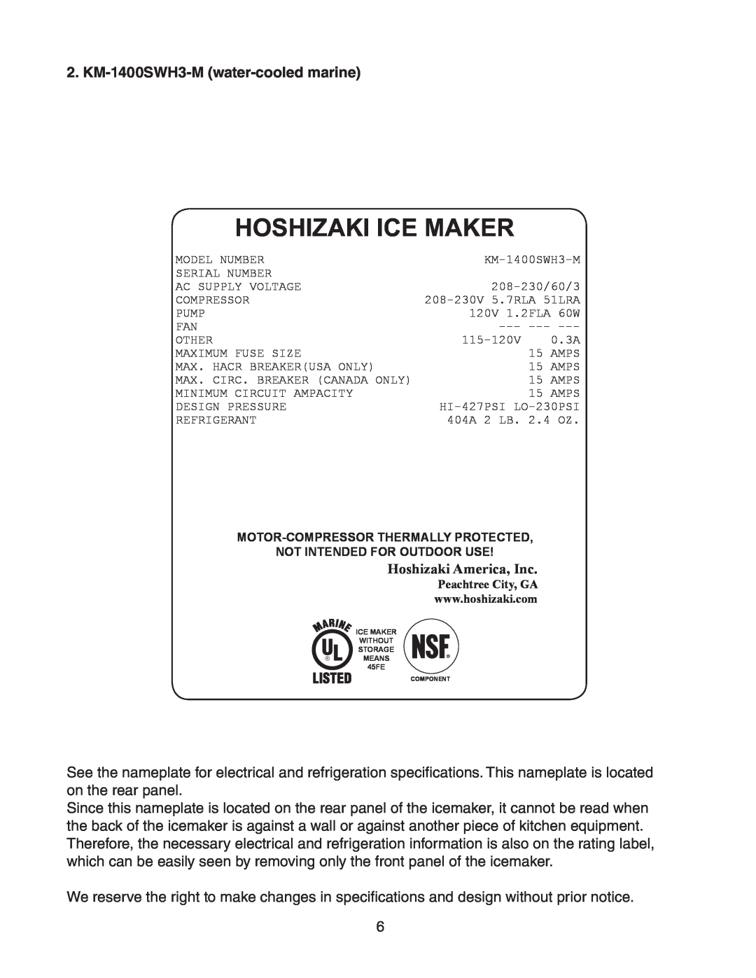 Hoshizaki KM-1400SWH/3-M instruction manual KM-1400SWH3-M water-cooledmarine, Hoshizaki Ice Maker, Hoshizaki America, Inc 