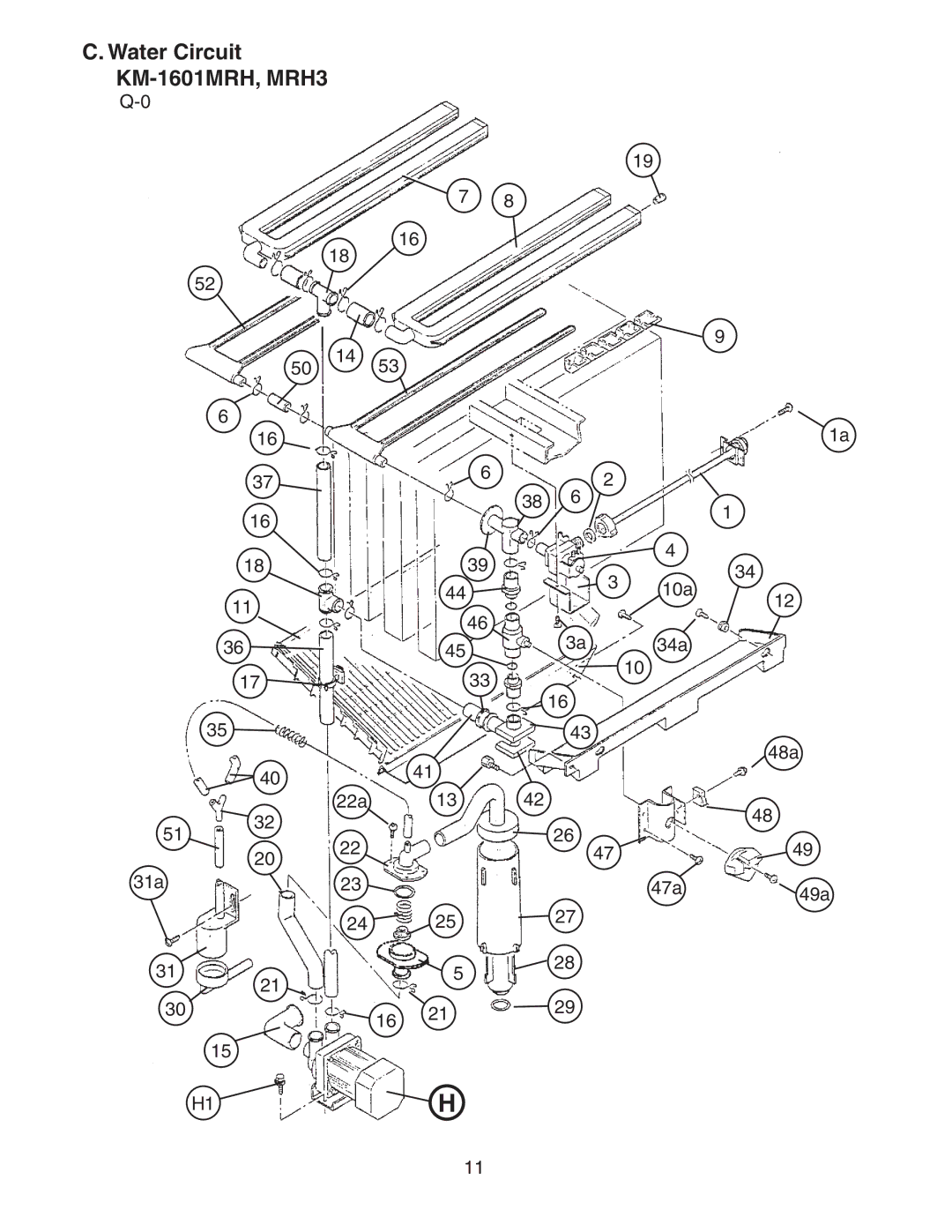 Hoshizaki KM-1601MRH/3 manual Water Circuit KM-1601MRH, MRH3, 50 14 10a 34a 22a 31a 47a 48a 49a 