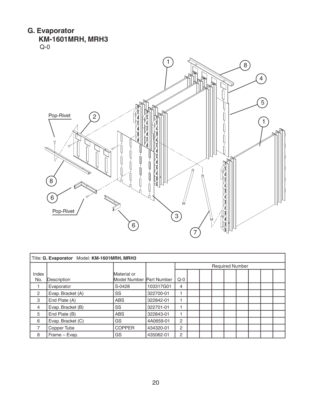 Hoshizaki KM-1601MRH/3 manual Evaporator KM-1601MRH, MRH3, Title G. Evaporator Model KM-1601MRH, MRH3 