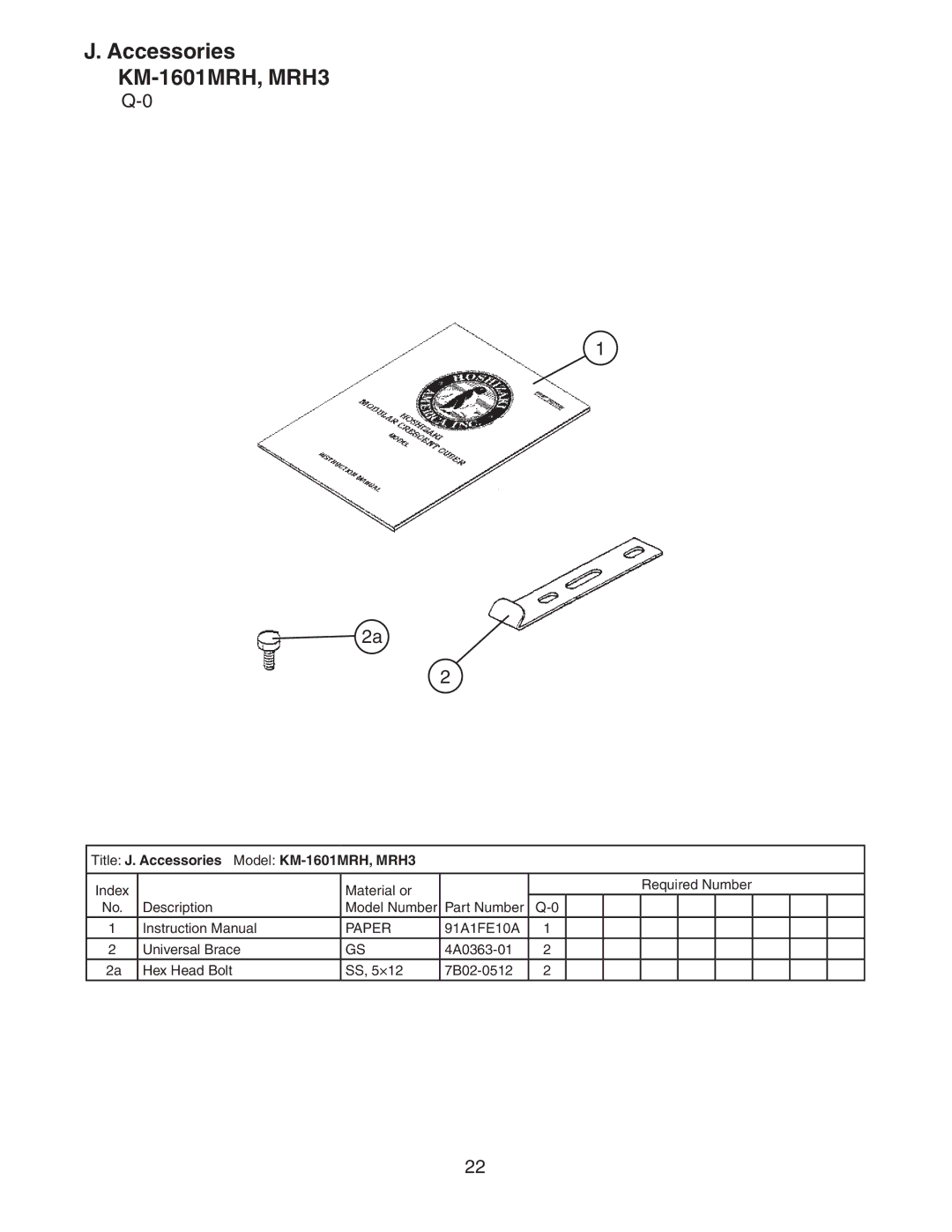 Hoshizaki KM-1601MRH/3 manual Accessories KM-1601MRH, MRH3, Title J. Accessories Model KM-1601MRH, MRH3 