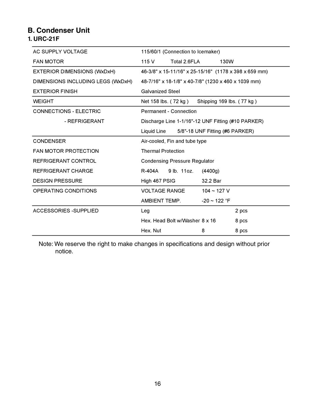 Hoshizaki KM-1601SAH/3, KM-1601SWH/3, KM-1601SRH/3 service manual Condenser Unit, URC-21F 