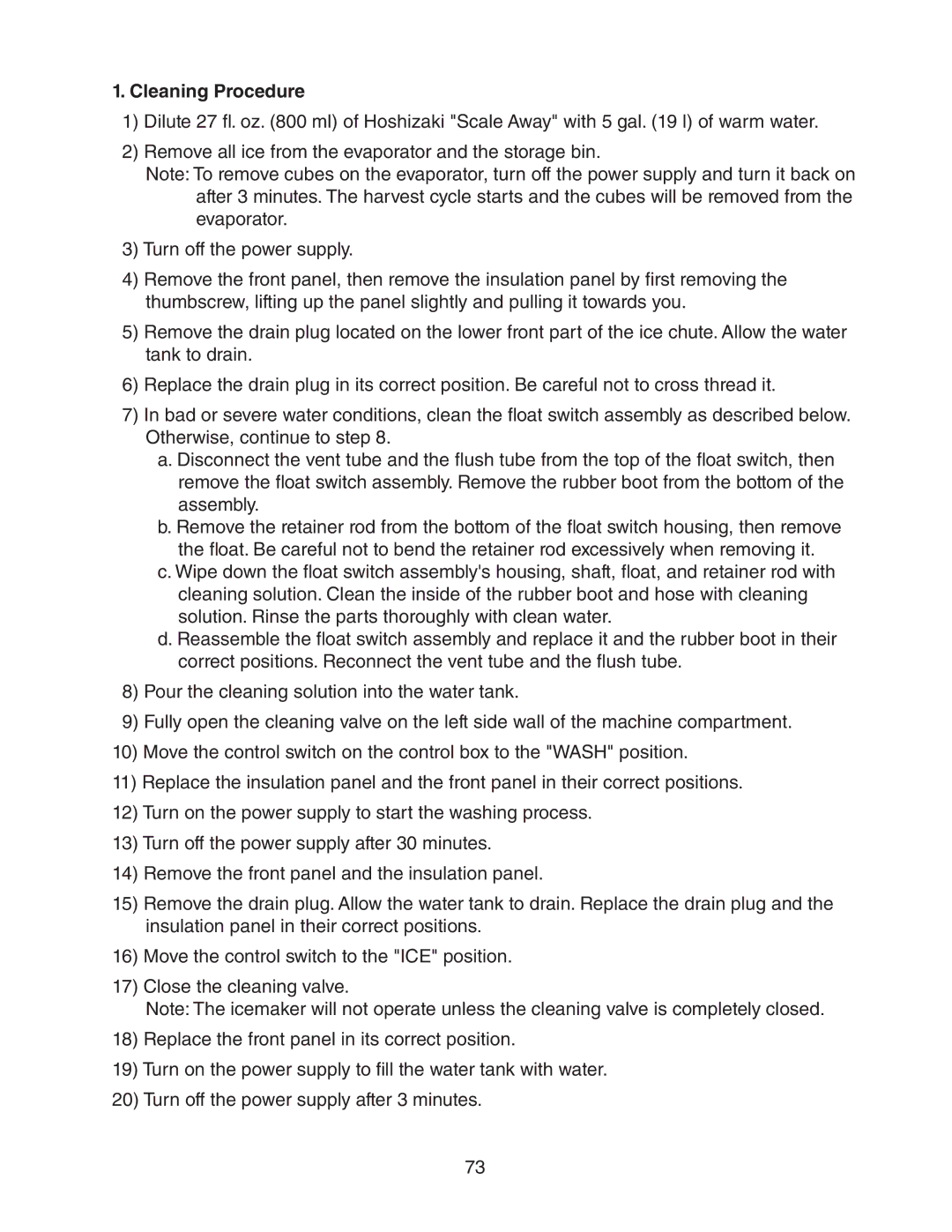 Hoshizaki KM-1601SAH/3, KM-1601SWH/3, KM-1601SRH/3 service manual Cleaning Procedure 