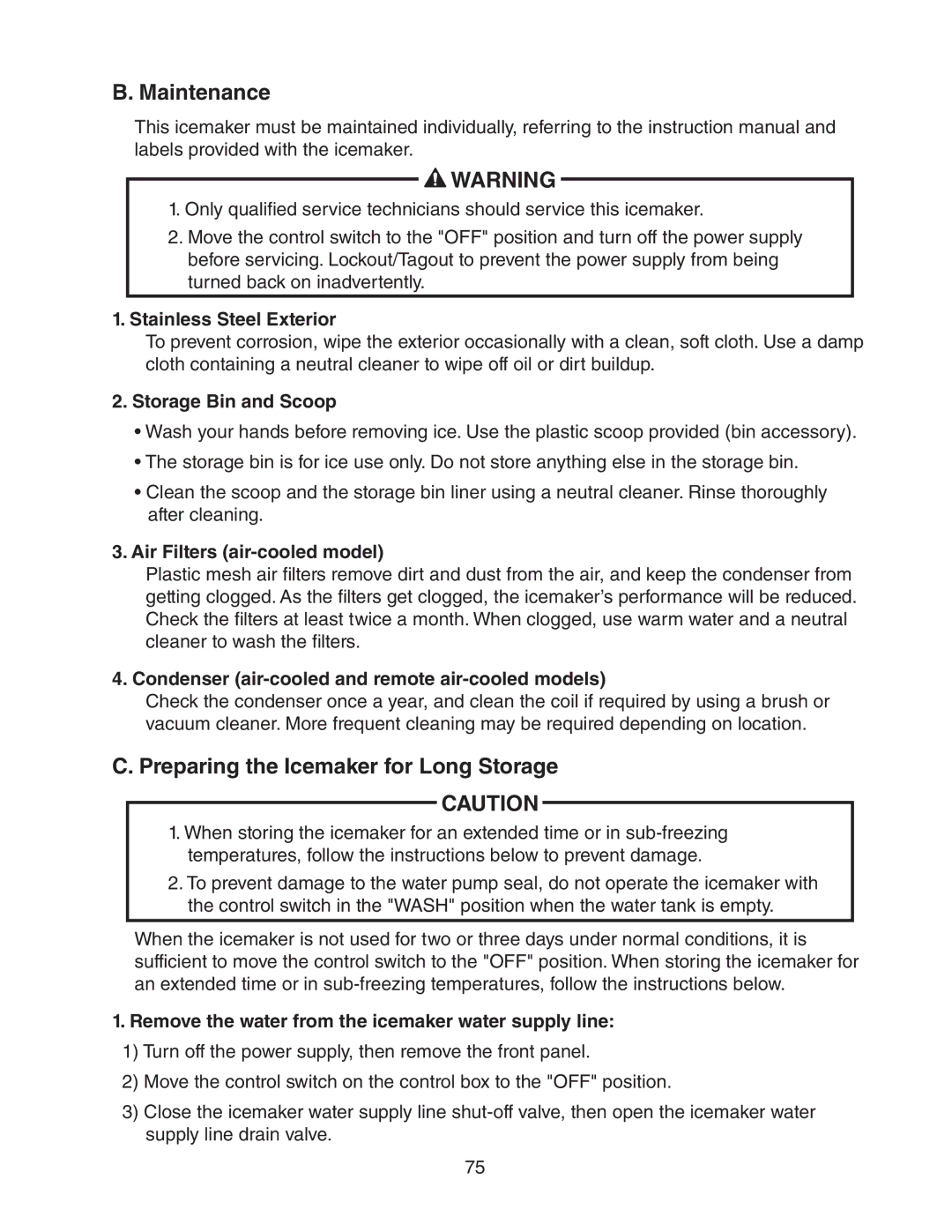 Hoshizaki KM-1601SWH/3, KM-1601SAH/3, KM-1601SRH/3 service manual Maintenance, Preparing the Icemaker for Long Storage 