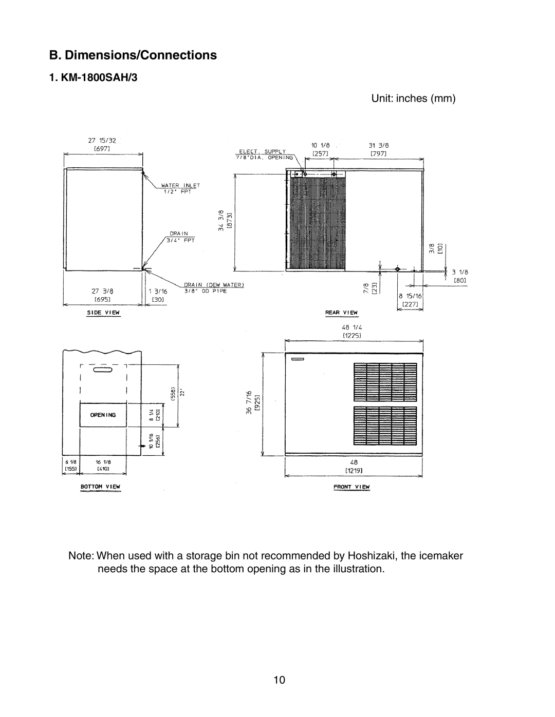 Hoshizaki KM-1800SWH/3, KM-1800SRH/3 instruction manual Dimensions/Connections, KM-1800SAH/3 