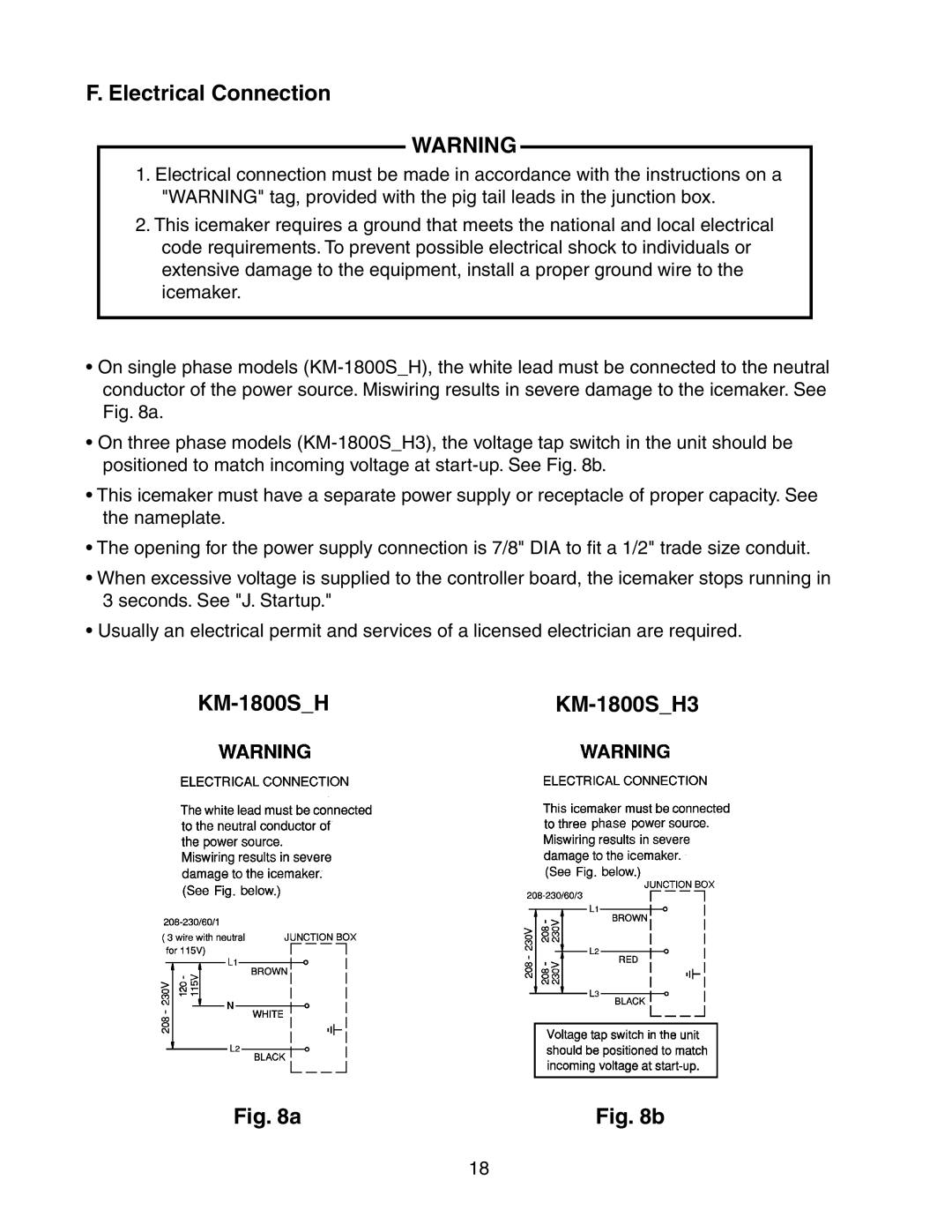 Hoshizaki KM-1800SRH/3, KM-1800SWH/3, KM-1800SAH/3 instruction manual Electrical Connection, KM-1800SHKM-1800SH3 